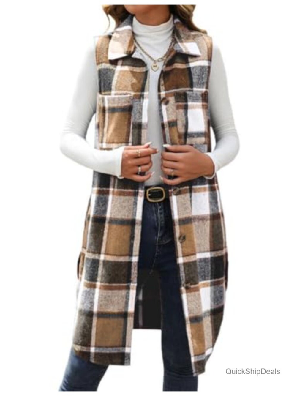 Long Plaid Vest Womens Sleeveless Button Down Jacket